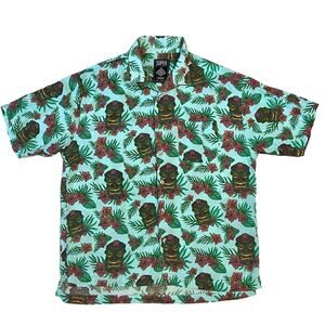 Super Massive Hawaiian Button Down Short Sleeve Shirt Floral Tiki Mask Size M